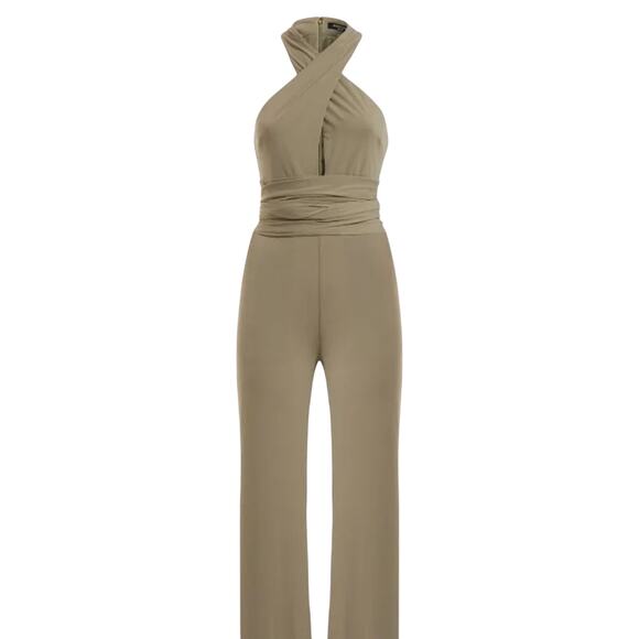 GUESS Khaki Green Cross-Front Halter Jumpsuit w/ Wrap-Around Waist Ties, NWOT!